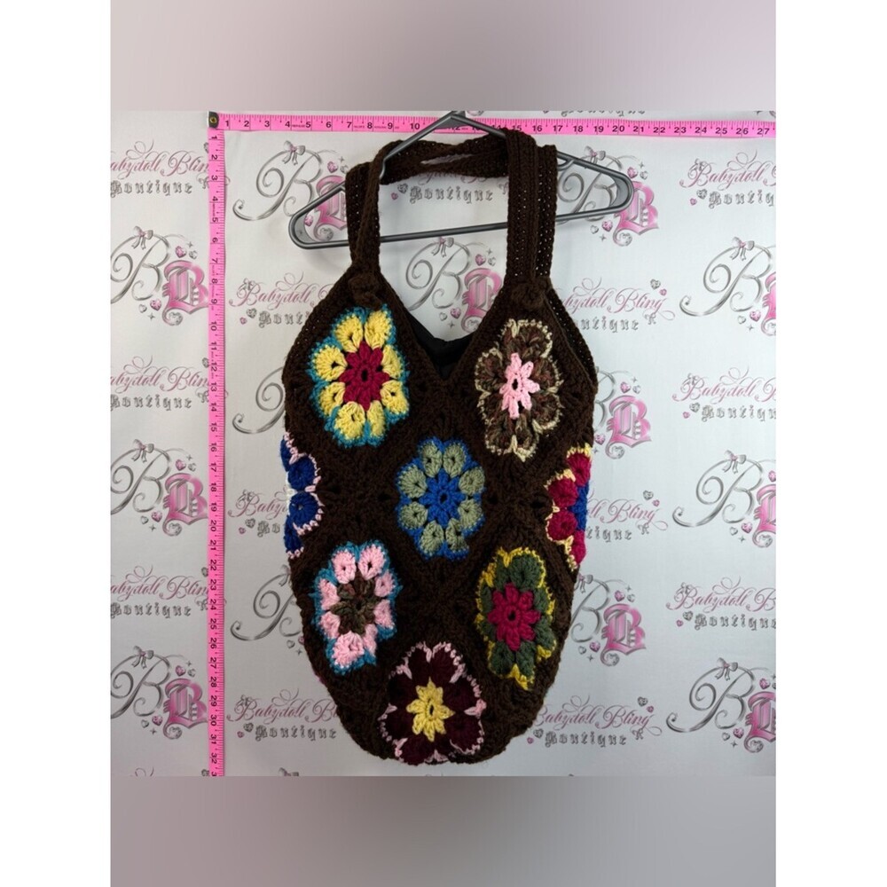 Tote Handmade flowers Crochet Floral Tote Bag - Brown with Multicolor Accents